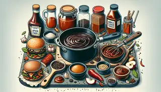 Illustrate an appetizing scene of a homemade barbecue sauce table. Showcase a saucepan with a distinctive dark, glossy BBQ sauce crafted from ingredients like ketchup, apple cider vinegar, and maple syrup. Emphasize its smoky and tangy characteristic resulting from smoked paprika and a hint of Dijon mustard. To its side, place some of their contributing ingredients: a bottle of ketchup, a jar of apple cider vinegar, a container of maple syrup, and separate bowls of smoked paprika and Dijon mustard. Let the table have a bottle of the final sauce aside, and a lineup of vegan BBQ dishes like a jackfruit pulled 'pork' sandwich, marinated seitan, and grilled tempeh burgers, all tantalizingly dressed with the homemade BBQ sauce. Make the ambience feel like a plant-based BBQ feast is about to start.