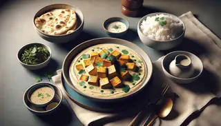 A cozy dinner table with creamy vegan 'butter' tofu in a chic bowl, garnished with cilantro, alongside basmati rice and naan bread, all under warm lighting.