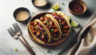 Image of vegan Bulgogi BBQ tacos with jackfruit, topped with red cabbage, green onions, and sesame seeds, on a minimalistic table setting.