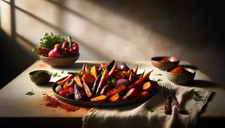 A plate of caramelized sweet potatoes, carrots, bell peppers, and red onions, seasoned with a dark spice rub, under warm, inviting light on a simple table.