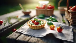 Realistic vegan picnic with a focus on a small tartlet, surrounded by fresh basil, cherry tomatoes, and a linen napkin on a wooden table, under sunny skies.