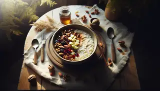 Rustic breakfast bowl with millet, almond milk, maple syrup, cinnamon, walnuts, cranberries, and apples on a wooden table in soft morning light.