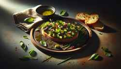 Image of vibrant 'Herbal Tapas Delight' on a wooden platter, featuring fresh basil, cilantro, mint, chives, avocado, and red onion, drizzled with olive oil and sprinkled with red pepper flakes, accompanied by toasted baguette slices. Soft lighting highlights the freshness.