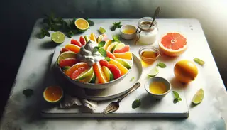 A vibrant citrus fruit bowl with agave syrup, coconut cream, and mint garnish, offering a refreshing and inviting dessert table.