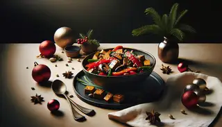 A festive vegan dish, «Sautéed Holiday Vegan Delight» with tempeh, shiitake, red bell pepper, and green onions, elegantly presented with holiday accents.
