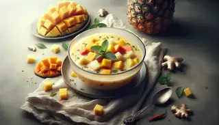 Exotic fruit soup in a transparent bowl with pineapple, mango, papaya, coconut milk, mint leaves, chili, and ginger on a simple table setting.