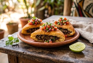 Three golden-brown cardamom mahamri sliders filled with spiced black beans and fresh kachumbari on a terracotta plate.