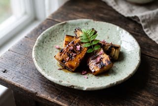 Binchotan Grilled Young Bamboo with Sakura Miso Glaze Binchotan-grilled bamboo shoots with a glossy miso glaze and cherry blossom petals on a green ceramic plate.