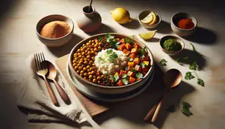 African vegan dish in a rustic bowl on a wooden table, featuring millet, spicy sweet potato, chickpeas, garnished with cilantro and lemon.