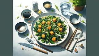 Illustration of an Asian-inspired dish with bitter greens, golden tofu cubes, garnished with garlic, ginger, soy glaze, chili flakes, and sesame seeds on a minimalist table.
