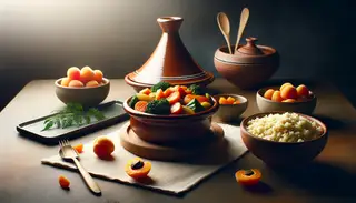 A vegan Moroccan tagine in a traditional pot, served with fluffy couscous on a clean table, warmly lit to enhance the vibrant colors.