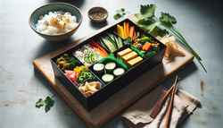 Vegan bento box on a clean table, filled with colorful pickled veggies, tofu, nori, and garnished with sesame seeds and cilantro.