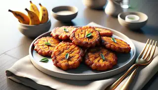Vibrant Vegan African-inspired Plantain Fritters on clean, elegant table setting, crispy exterior, soft interior, inviting and appetizing