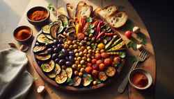 Vegan Mediterranean Tapas Platter Vegan Mediterranean Tapas Platter with roasted vegetables and spiced chickpeas on a wooden table, garnished with parsley and balsamic drizzle.