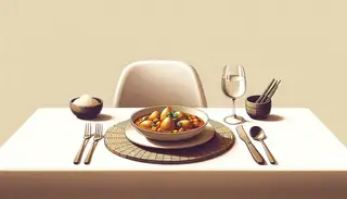 A beautifully set table featuring a tempting Vegan Matoke Stew, exuding coziness and warmth in a minimalist design.