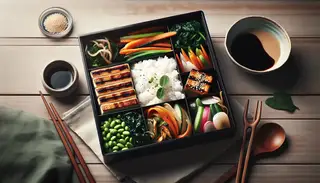 Image of a vegetarian bento box on a wooden table, featuring steamed rice, grilled teriyaki tofu, sautéed spinach, pickled vegetables, edamame, seaweed salad, and soy sauce.