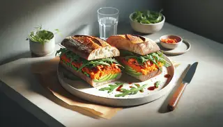 Gourmet mashed sandwich on a white plate, featuring sweet potatoes, kimchi, avocado, arugula, and hoisin sauce, with a side salad and water glass.