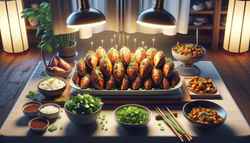 A minimalist buffet table featuring Vegan Asian BBQ Stuffed Sweet Potatoes garnished with green onions, cilantro, and sesame seeds, warmly lit for a comforting ambiance.