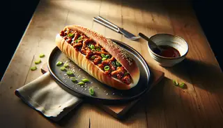 Vegan Asian BBQ Minced Bread on a wooden table, filled with hoisin glazed jackfruit, topped with scallions and sesame seeds, lit by natural light.