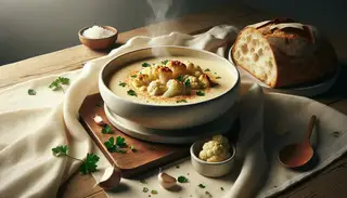 Creamy roasted cauliflower and garlic soup in a chic white bowl on a wooden table, garnished with parsley, beside a crusty loaf on a ceramic dish, in natural light.