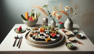 Vibrant vegan sushi rolls with marinated tofu, avocado, cucumber, tempura sweet potato, watermelon, and jackfruit on elegant table setting.