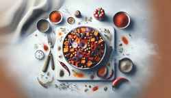 A serene image showcasing a vibrant vegan side dish of smoked sweet potatoes, chickpeas, bell peppers, and onions, seasoned with paprika and cumin, set on a minimalist table, evoking warmth and comfort.