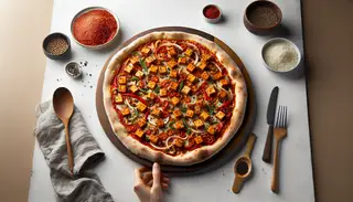 Vegan Asian-Italian pizza with spicy Szechuan mapo tofu on an Italian crust, served on a clean, minimalist table setting.