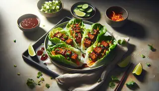 Image of Asian-inspired BBQ tempeh lettuce wraps on a modern plate, garnished with carrots, cucumbers, cilantro, and sesame seeds, with lime wedges on the side.