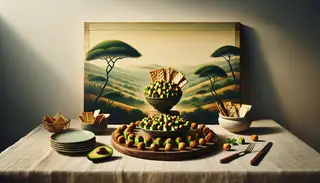 Tranquil table setting with African-Inspired Avocado Chickpea Bites on a stylish platter, accompanied by bite-sized crackers for a serene, appetizing experience.