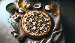 An elegant table setting featuring a Vegan Mushroom and Truffle Oil Pizza with cashew mozzarella, mushrooms, truffle oil, and thyme, evoking rustic Italian charm.