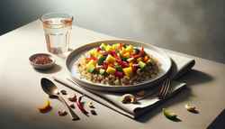 Image of a minimalist dinner table featuring 'Fruity Dinner Delight' on a white plate with quinoa, fruits, vegetables, cashews, and chili flakes, beside a glass of water, against a neutral backdrop with natural lighting.