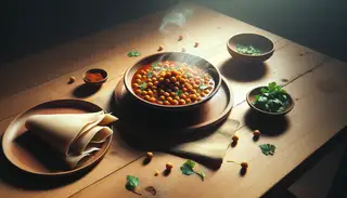 Minimalist dinner setup with a bowl of Ethiopian berbere chickpea stew, injera bread, and cilantro on a wooden table, under warm lighting.