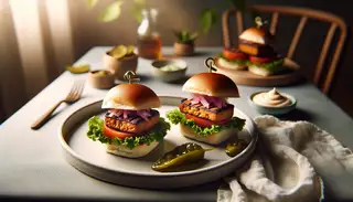 Image of a minimalist table setting with Smoky Maple Miso Tempeh Sliders on an elegant plate, featuring crisp lettuce, tomato, and pickled onions, under natural light.
