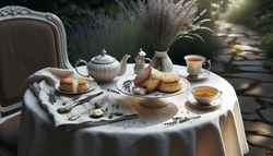 Elegant outdoor high tea setup with a white-draped round table, vegan scones on a porcelain plate, a silver tea set, and a serene garden backdrop.