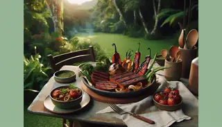 Outdoor vegan barbecue with grilled TVP and vegetables, garnished with fresh herbs, under golden hour light.