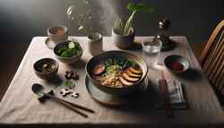 A minimalist dining table with a steaming bowl of vegan ramen in the center, surrounded by simple chopsticks and a glass of water, in a cozy, inviting setting.