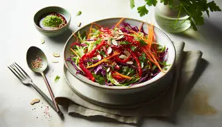 Image of a vibrant Asian fusion salad in an elegant bowl on a simple table setting, highlighted by natural light and minimal decor.