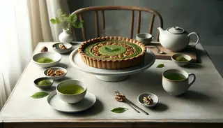 Serene high tea setting featuring a Matcha Vegan Quiche with Walnut Crust on a simple table, complemented by hot tea and subtle floral decorations.