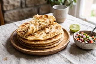 A stack of golden, flaky East African chapatis with visible layers, served on a wooden plate with a side of kachumbari and lime.