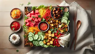 Vegan Asian fusion platter with watermelon, jackfruit, tempeh, and tofu, garnished with vegetables, sesame seeds, and herbs, served with dipping sauces.