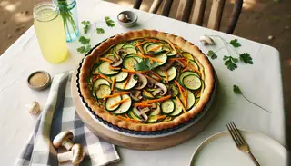 Golden Vegan Asian Picnic Tart topped with zucchini, carrots, shiitake mushrooms, sesame seeds, and cilantro on a minimalistic picnic table with lemonade.