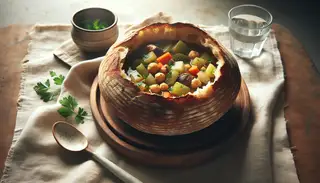 Golden-brown sourdough bread bowl filled with steaming vegetable stew and garnished with parsley, accompanied by a spoon on a linen napkin and water glass.