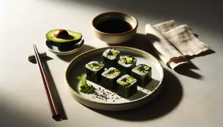 Minimalist image of a stylish ceramic plate with Vegan Toasted Nori and Avocado Rolls, a soy sauce bowl, chopsticks, and a single flower in a vase on a light table.