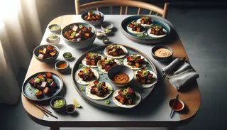 Image of Asian BBQ tapas on a modern table, featuring caramelized jackfruit on corn tortillas garnished with green onions and sesame seeds, beside a bowl of spicy mayo.