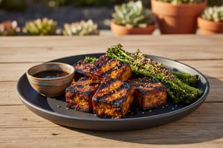 Smoked Miso-Bourbon tofu and charred broccolini with umami glaze on a ceramic platter in golden California sunlight.