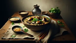 Photorealistic image of vegan mushroom barley soup in a ceramic bowl on a rustic wooden table, garnished with cilantro, with a spoon and chopsticks nearby.