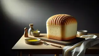 Freshly baked loaf with a golden crust on a wooden table, accompanied by olive oil and a white napkin, in natural light.