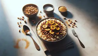African vegan breakfast bowl: millet, plantains, peanuts, cinnamon, and salt. Vibrant and inviting scene, no humans or text.