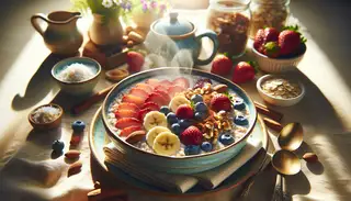 Visualize a cozy and comforting breakfast scene, set on a beautifully arranged table that basks in soft morning light, exuding a serene and inviting ambiance. At the center of the table is a steaming bowl filled with creamy oats cooked in almond milk infused with flavorful mashed banana, maple syrup, cinnamon, and vanilla extract. Adorning this oat meal bowl are vibrant toppings - bright slices of strawberries, blueberries, and banana, along with crunchy almonds and walnuts for texture. Optional coconut flakes add an adventurous touch. This wholesome vegan breakfast radiates warmth and happiness, symbolizing a refreshing start to the day.