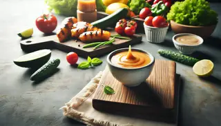 A small, elegant bowl of light, zesty sauce on a clean table, ready to drizzle over BBQ, salads, and veggies.